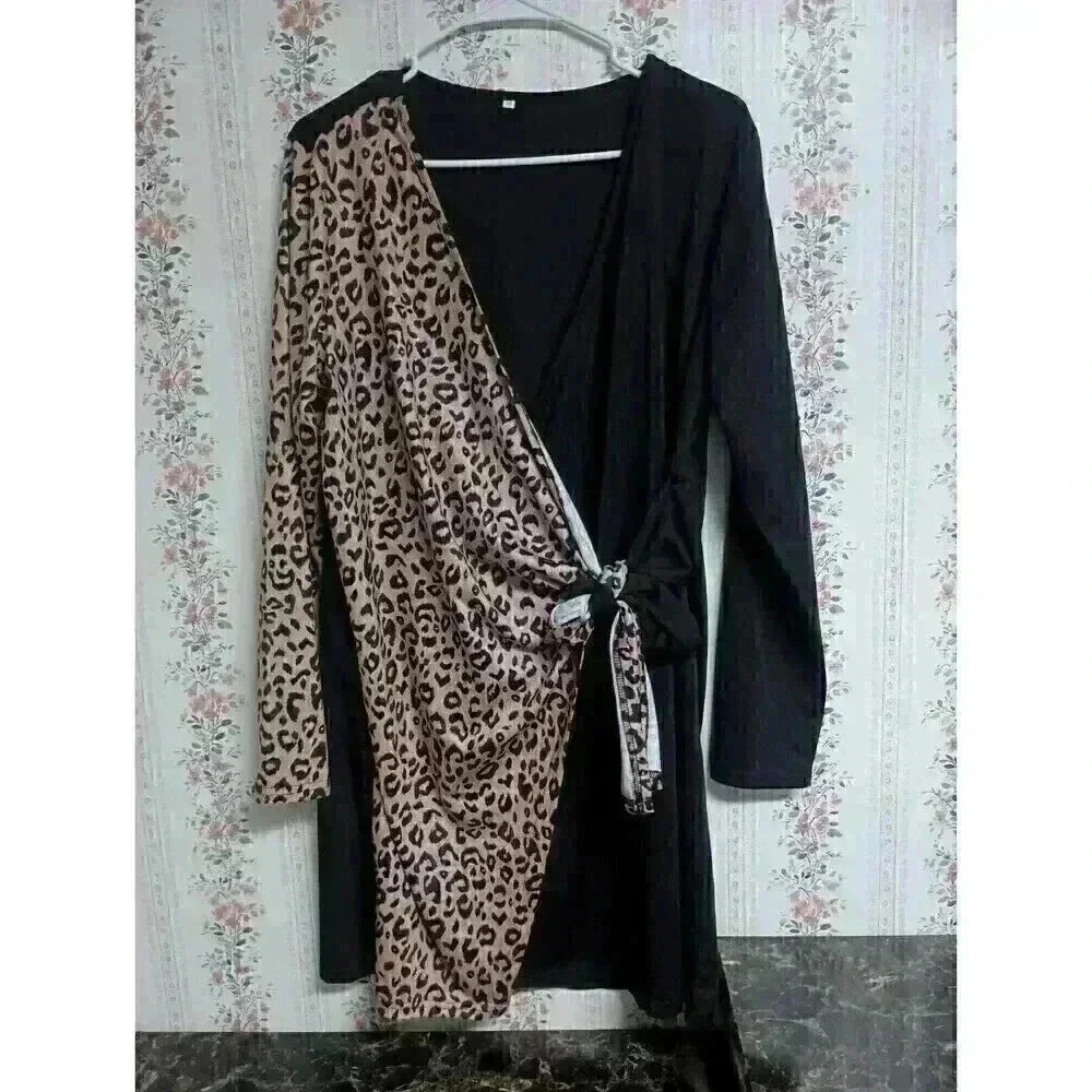 Women's Leopard Print Brown & Black Tied Waist Dress Knee Length V Neck Size M